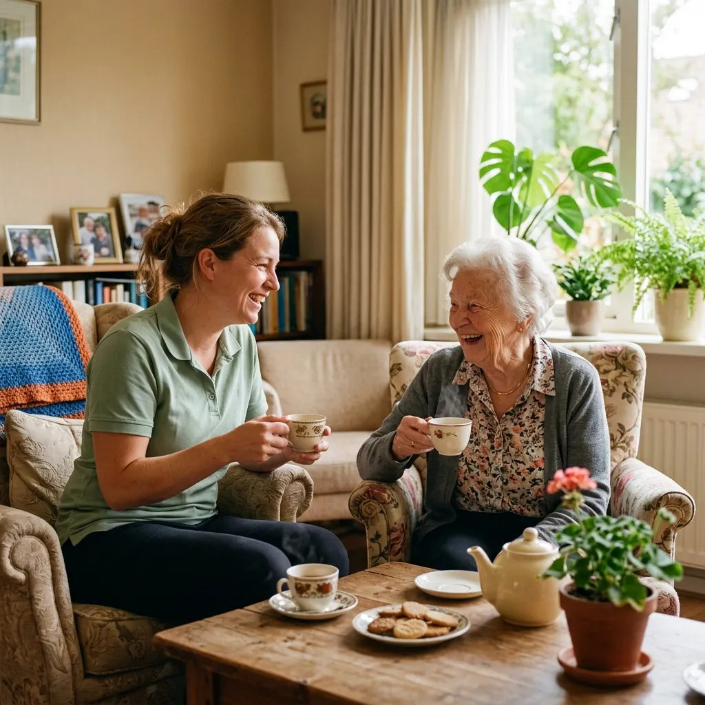 Vriendelijke verpleegkundige drinkt thee met oudere dame in woonkamer