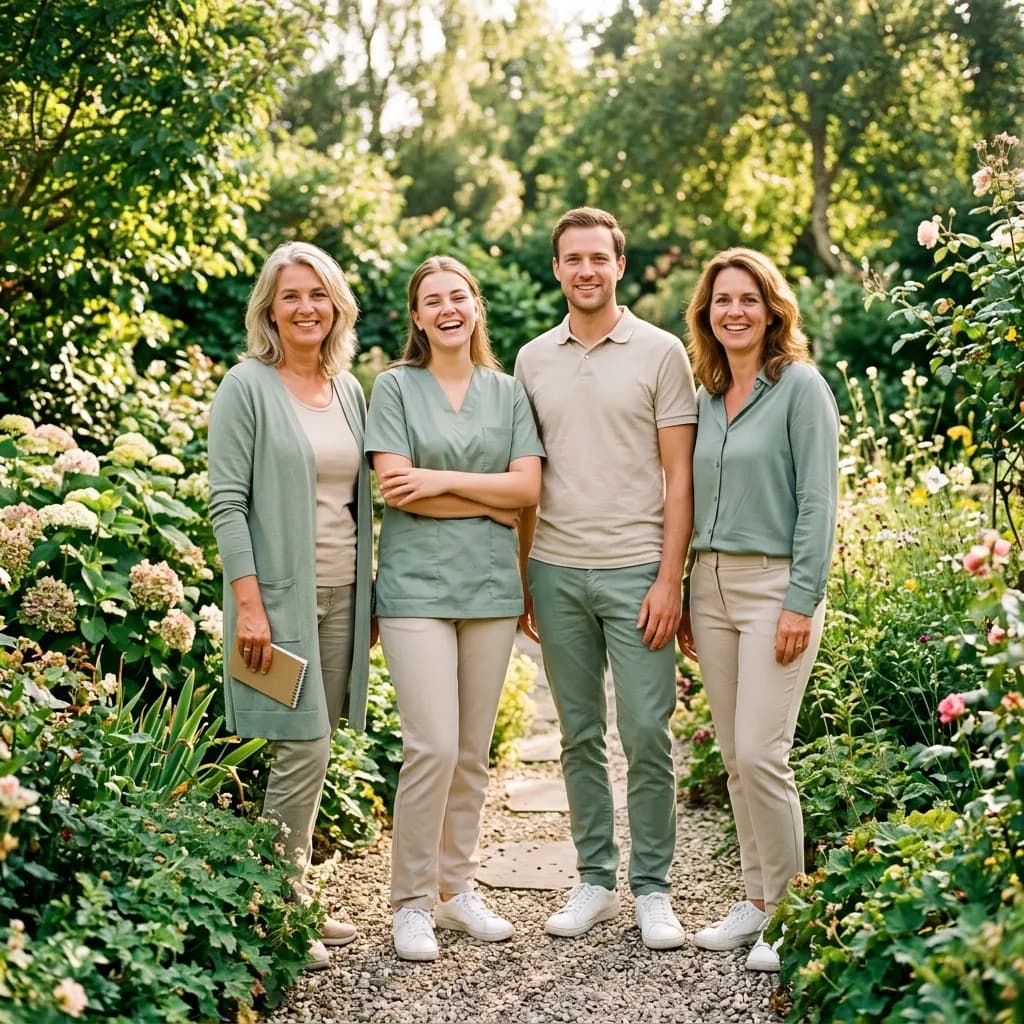 Het team van Parkstad Thuiszorg lacht in een tuin